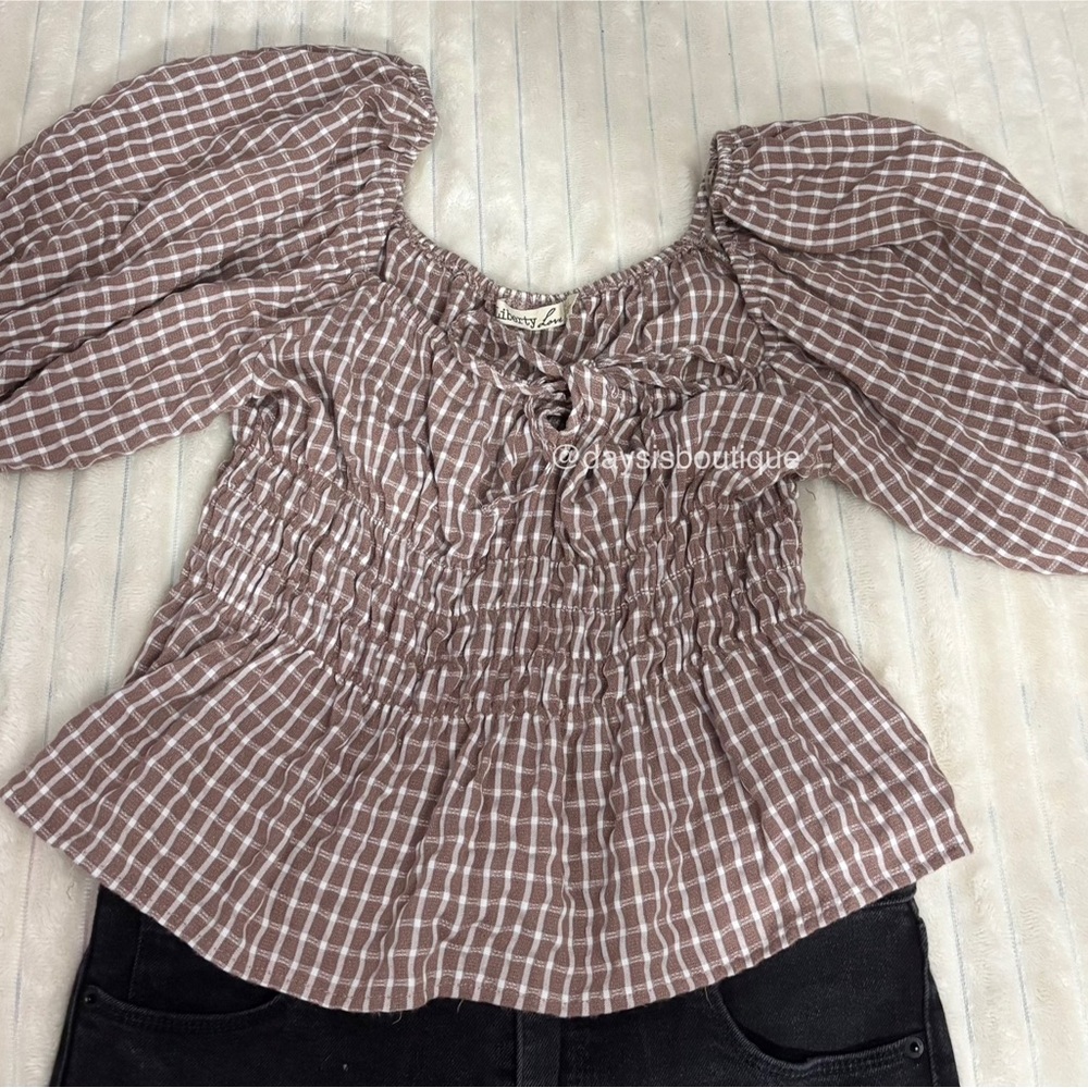 Liberty Love Brown and White Puff Sleeve Smocked Blouse